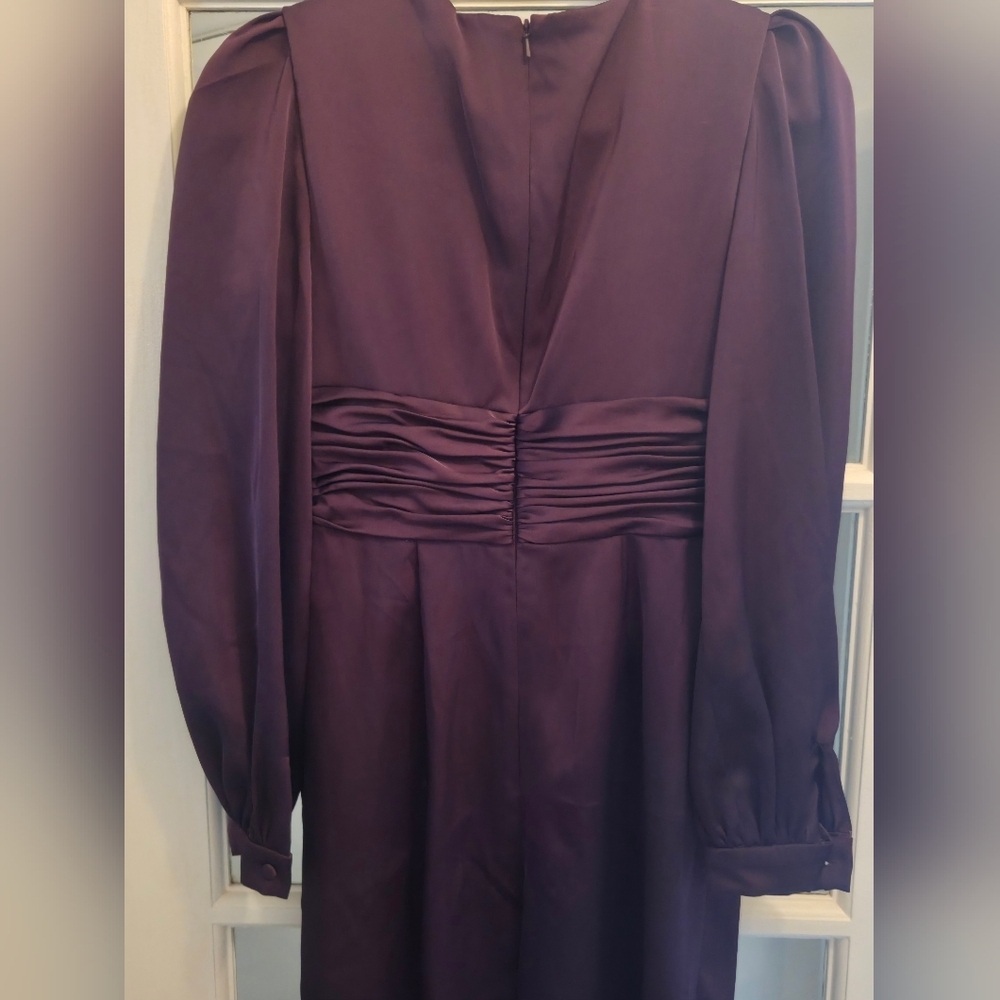 Mac Duggal Elegant Deep Purple/ Plum Plunge Neckline Satin Long Sleeve Jumpsuit - Picture 14 of 16
